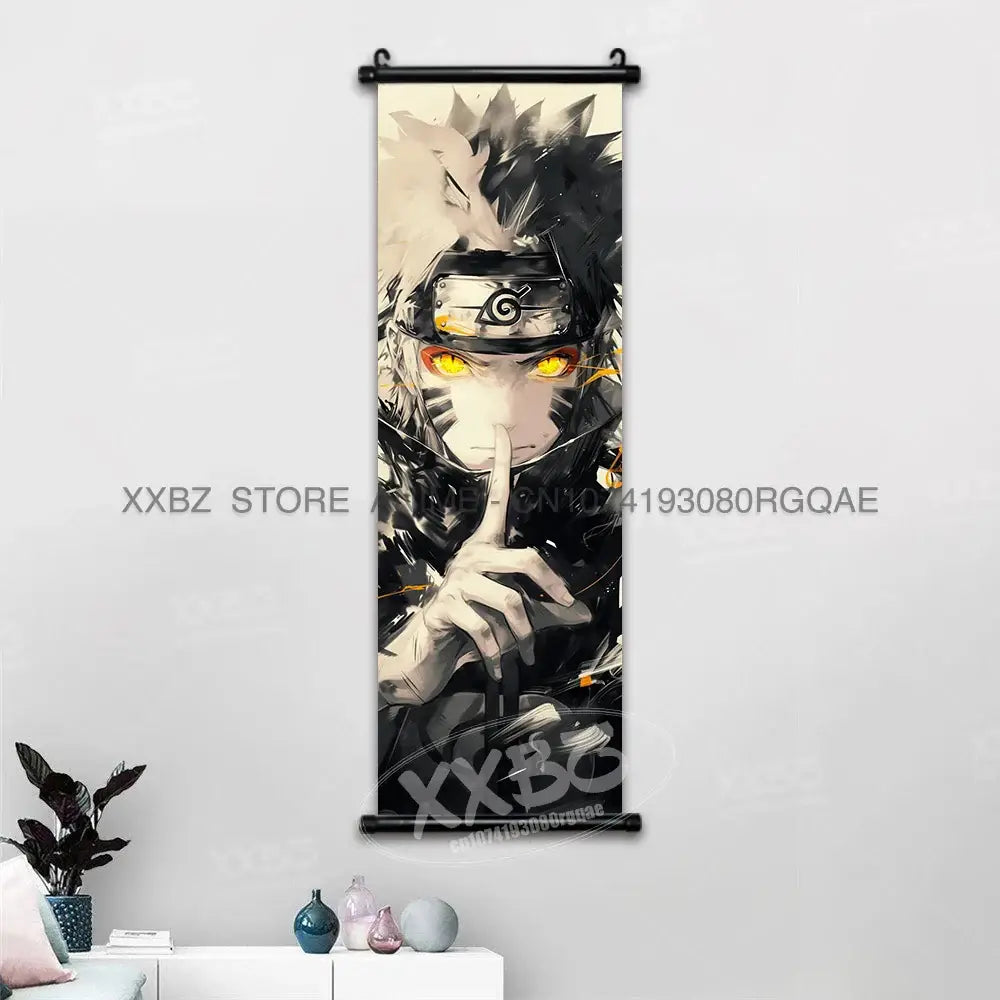 Black and white naruto hinata canvas wall scroll featuring anime character with glowing orange eyes and spiral headband emblem
