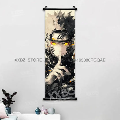 Black and white naruto hinata canvas wall scroll featuring anime character with glowing orange eyes and spiral headband emblem