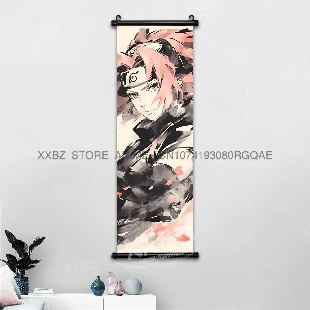 Naruto Hinata canvas wall scroll featuring pink hair anime character with black headband in ink wash style on paper