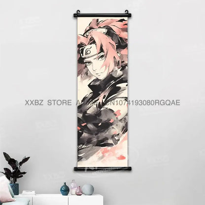 Naruto Hinata canvas wall scroll featuring pink hair anime character with black headband in ink wash style on paper