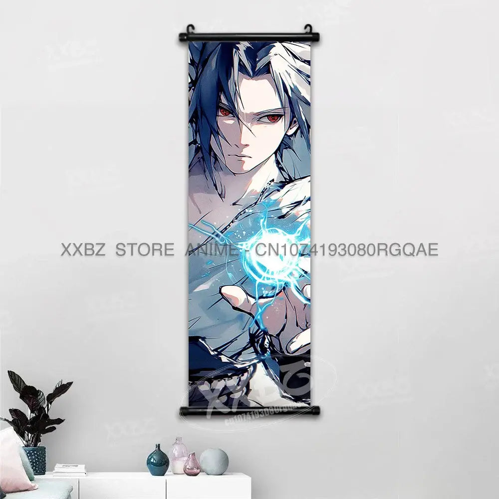 Naruto hinata canvas wall scroll anime decor featuring silver-blue hair character with red eyes holding glowing blue chakra energy