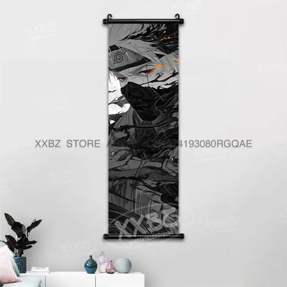 Naruto Hinata canvas wall scroll featuring a black and gray masked anime character with red eyes mounted on a wall