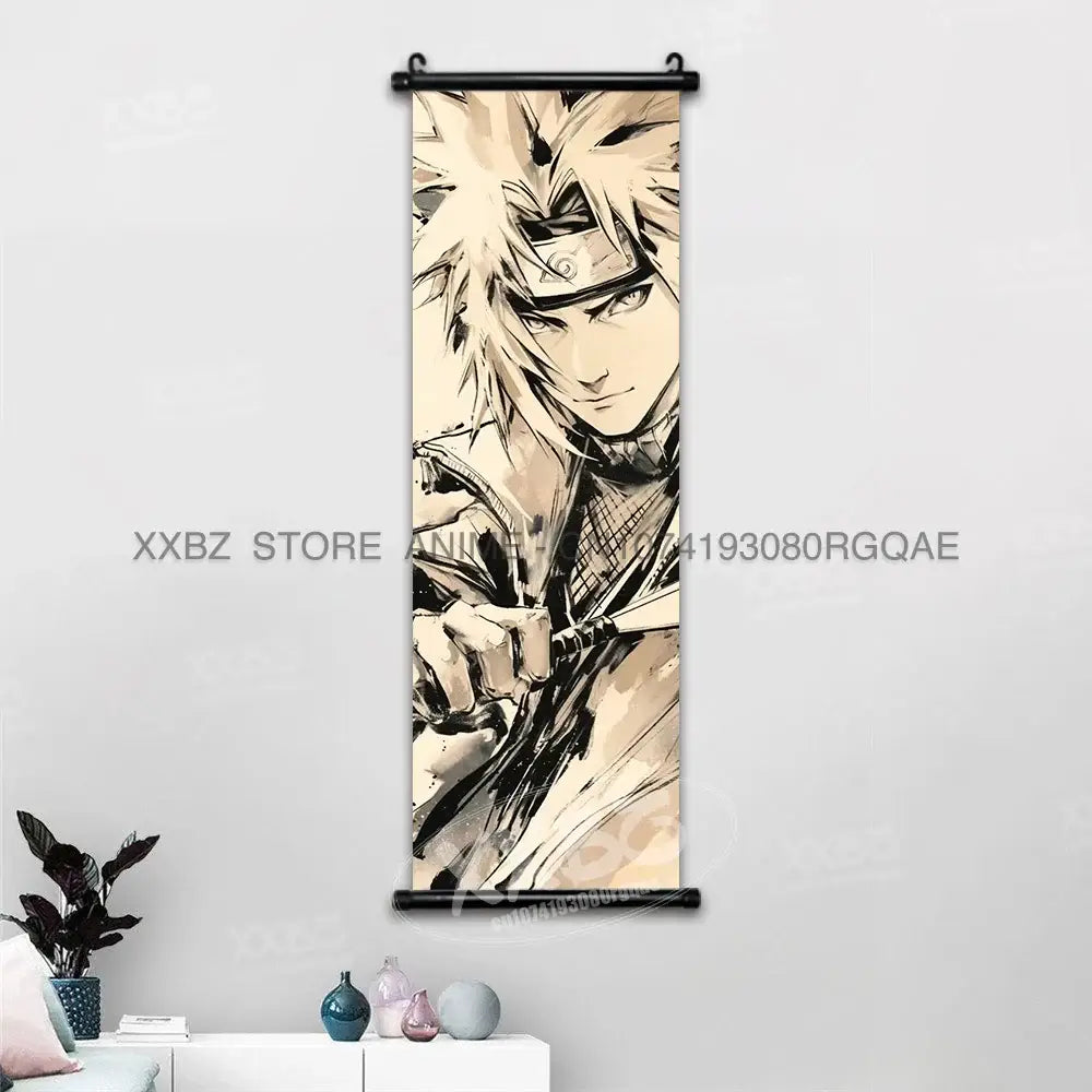 Naruto hinata canvas wall scroll anime decor featuring a stylized monochromatic illustration of young naruto uzumaki