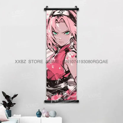 Pink and black sakura haruno anime scroll wall hanging featuring minimalist naruto decor for home or office display