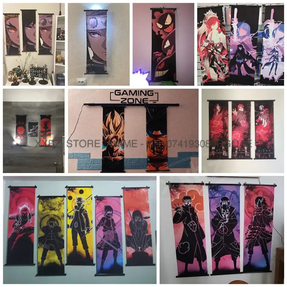 Naruto hinata canvas wall scroll featuring vibrant anime character art on fabric with black borders and metal rods