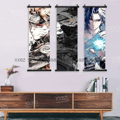 Three vertical naruto hinata canvas wall scrolls featuring distinct anime artwork on fabric with black metal rods