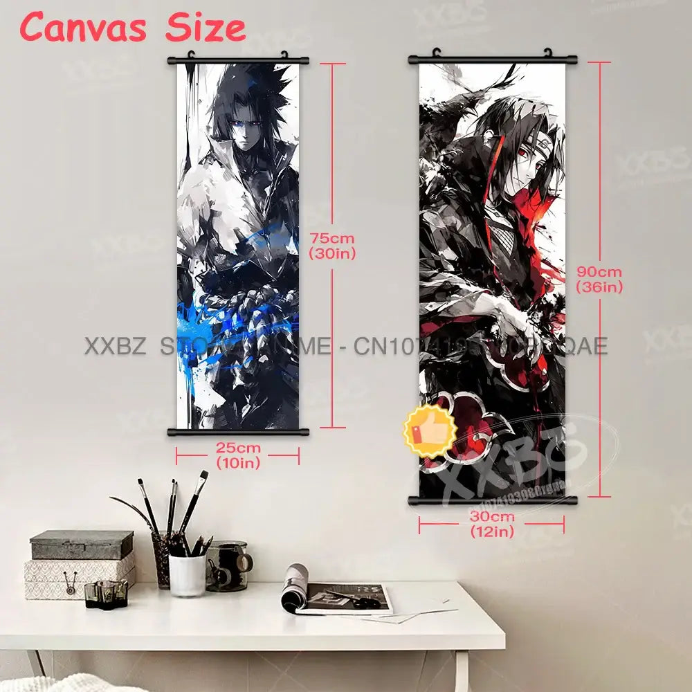 Two black and white naruto hinata canvas wall scrolls with blue and red accents displayed above a white desk
