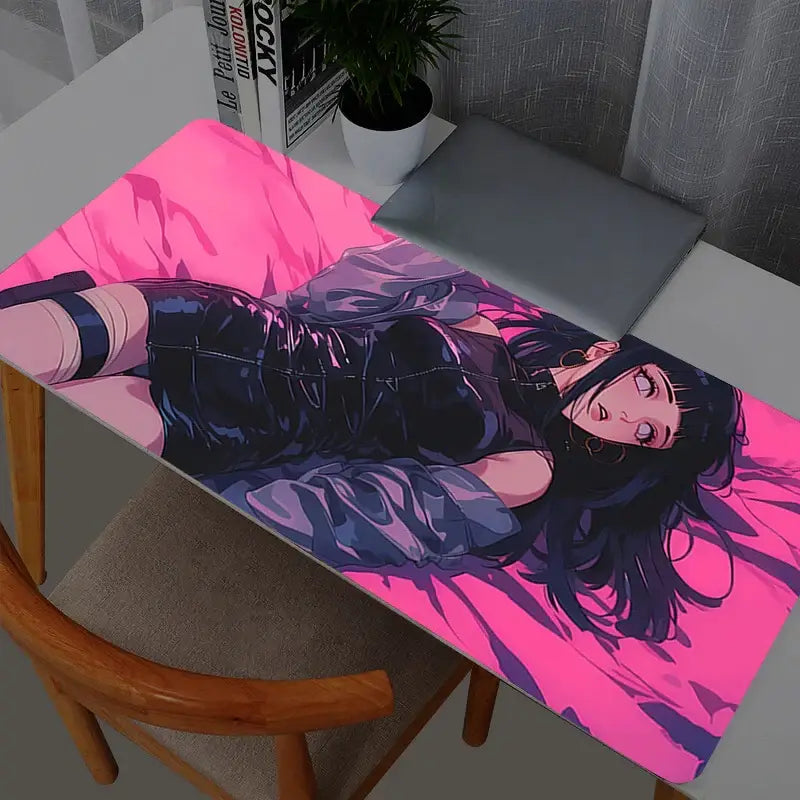 Naruto hinata hyuga mouse pad xxl gaming desk mat vibrant pink anime design with black attire character illustration
