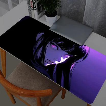 Purple and black naruto hinata hyuga anime-themed mouse pad with glowing purple eyes on xxl gaming desk mat
