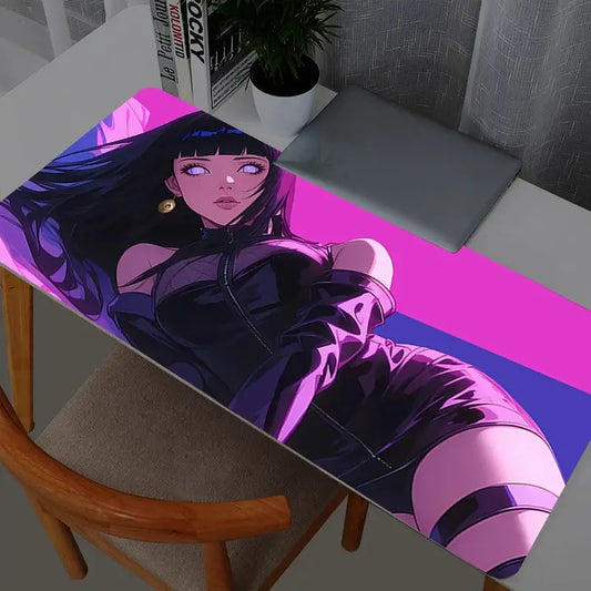 Vibrant pink and purple naruto hinata hyuga mouse pad with glossy black outfit character illustration for gaming desk use