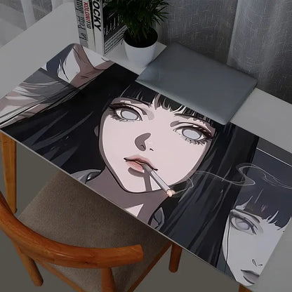 Black and white anime-style naruto hinata hyuga mouse pad with girl holding cigarette on xxl gaming desk mat
