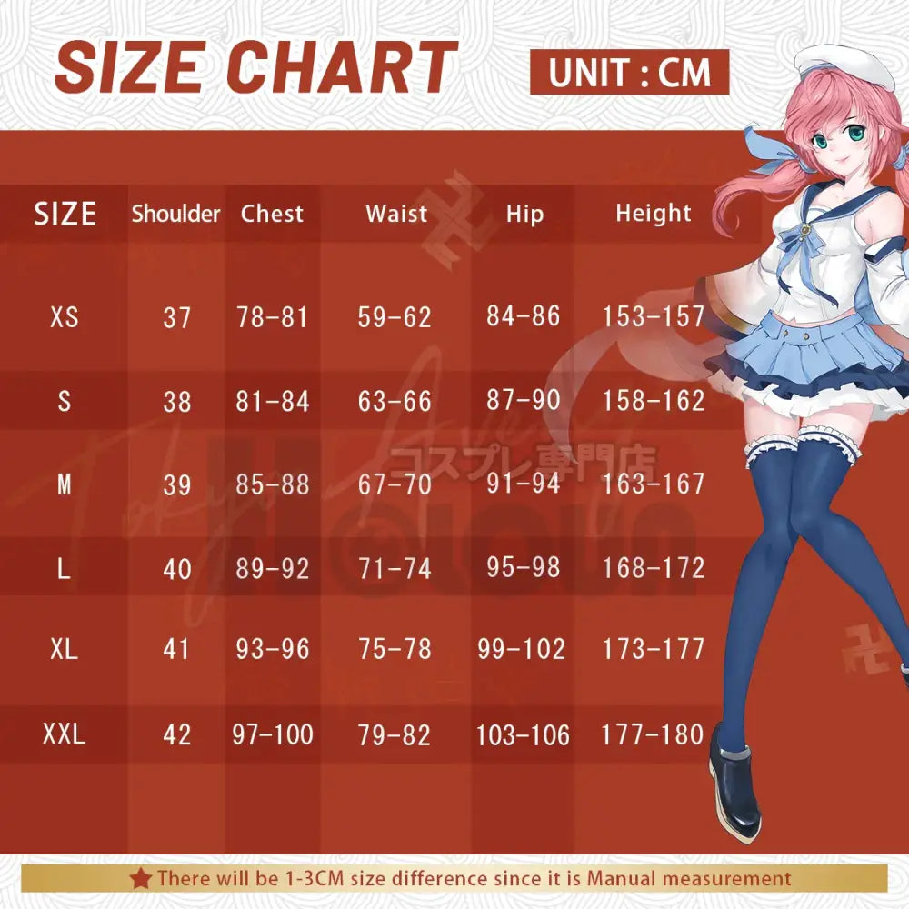 Size chart for hyuga hinata cosplay showing anime character in white blouse navy skirt thigh-high stockings and black shoes