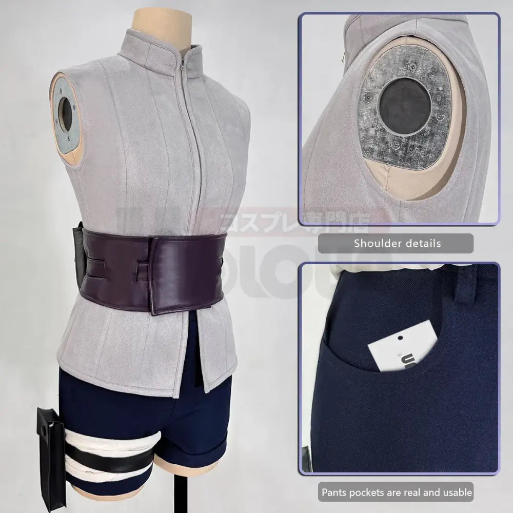 Gray fabric vest with high collar and zipper paired with dark blue shorts with white stripes for hyuga hinata cosplay