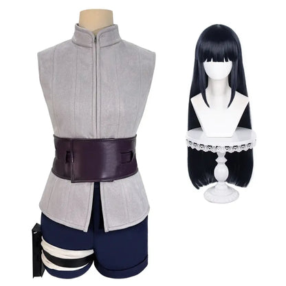 Gray suede vest with dark purple leather belt and navy blue shorts paired with long black wig for hyuga hinata cosplay