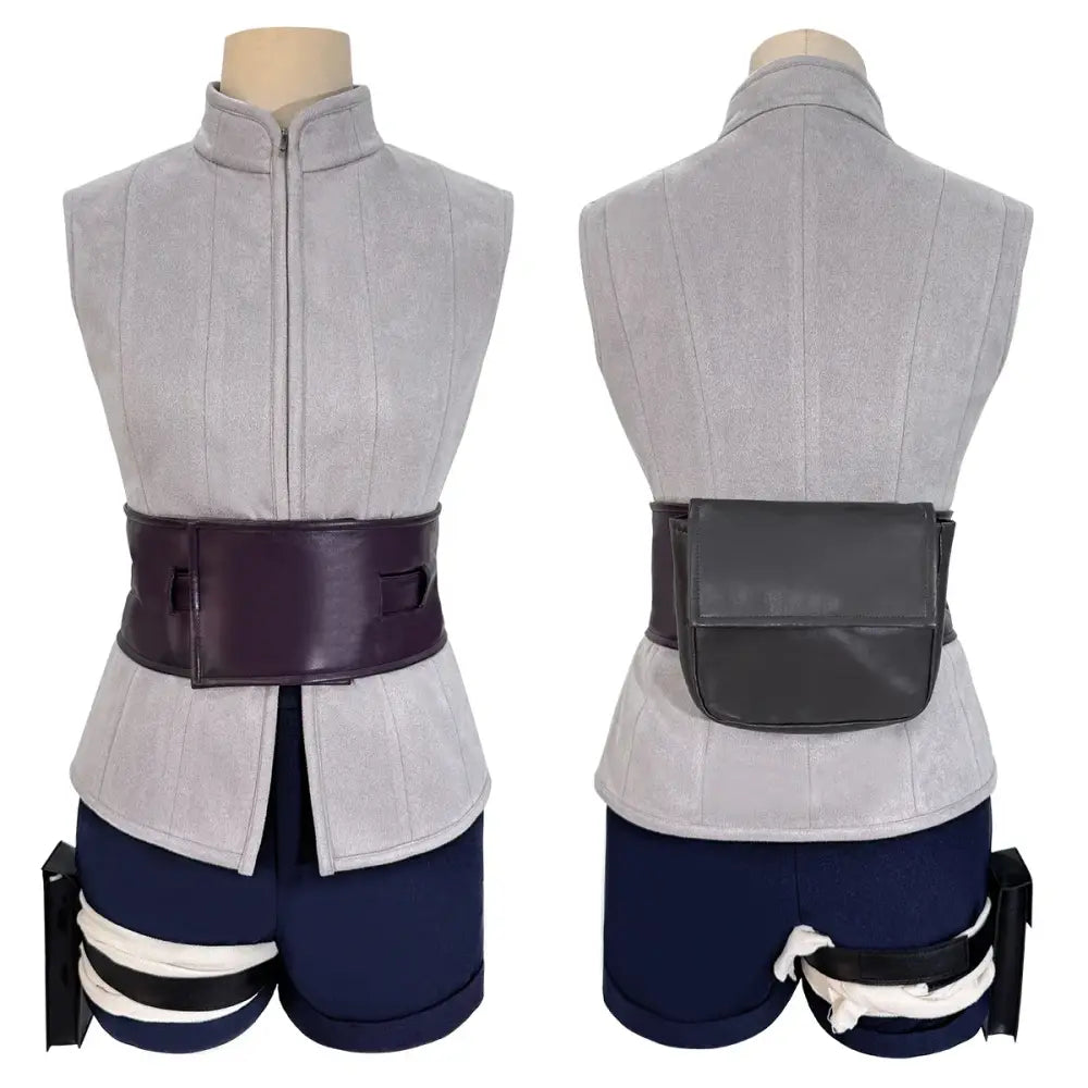 Gray sleeveless vest with high collar and zipper paired with navy shorts and black pouch for hyuga hinata cosplay