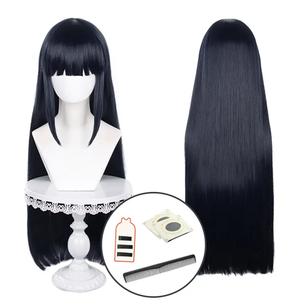 Black long straight synthetic wig with bangs for hyuga hinata cosplay displayed on mannequin and separately