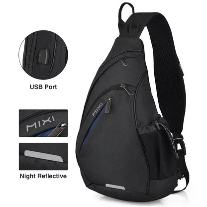 Black naruto itachi sling bag with blue zipper accents and night reflective strips featuring usb crossbody design
