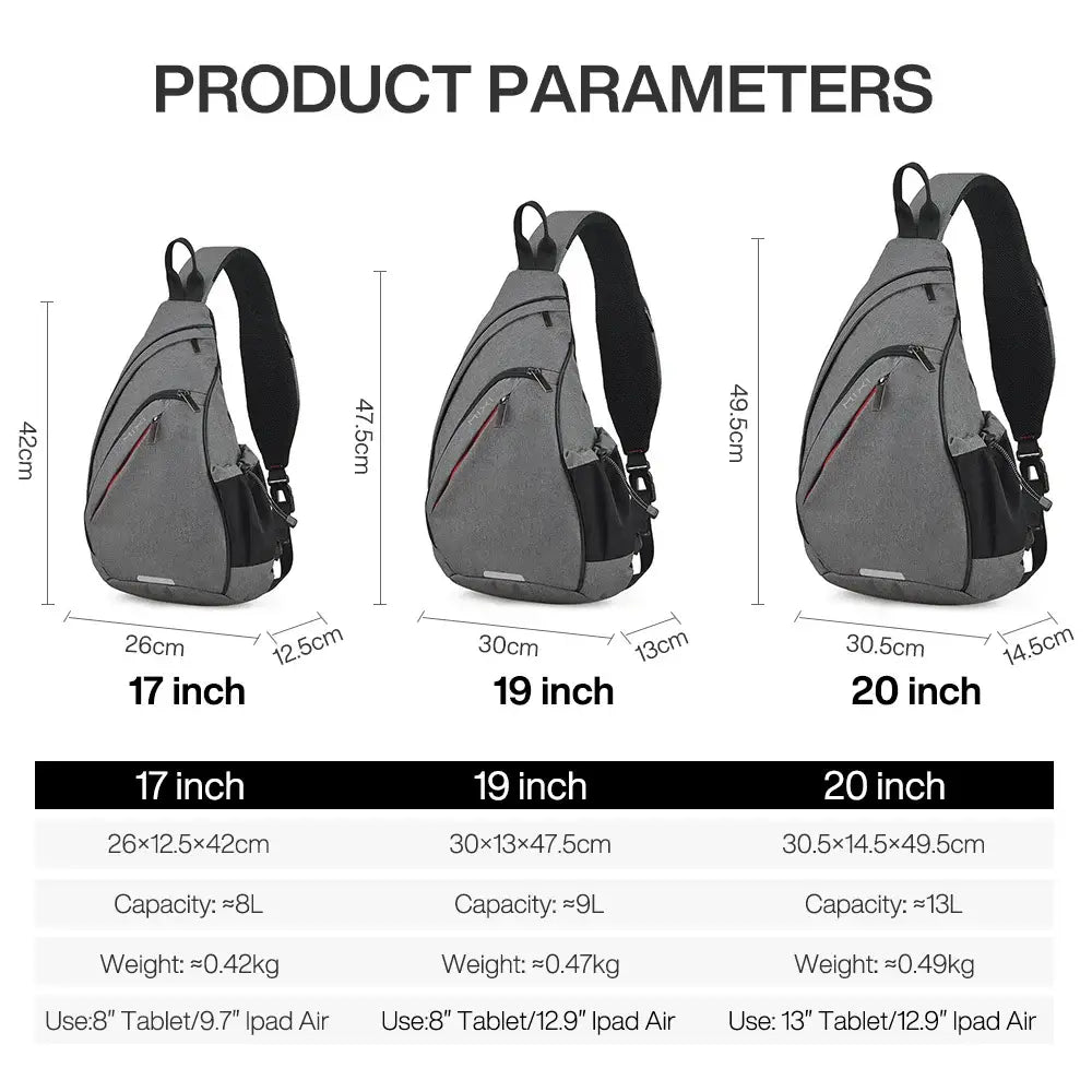 Gray and black Naruto Itachi sling bag with USB port featuring adjustable straps and multiple zippered compartments for storage