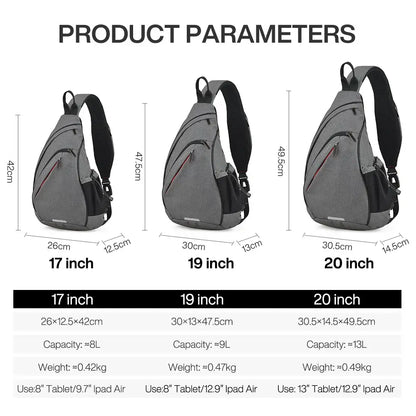 Gray and black Naruto Itachi sling bag with USB port featuring adjustable straps and multiple zippered compartments for storage