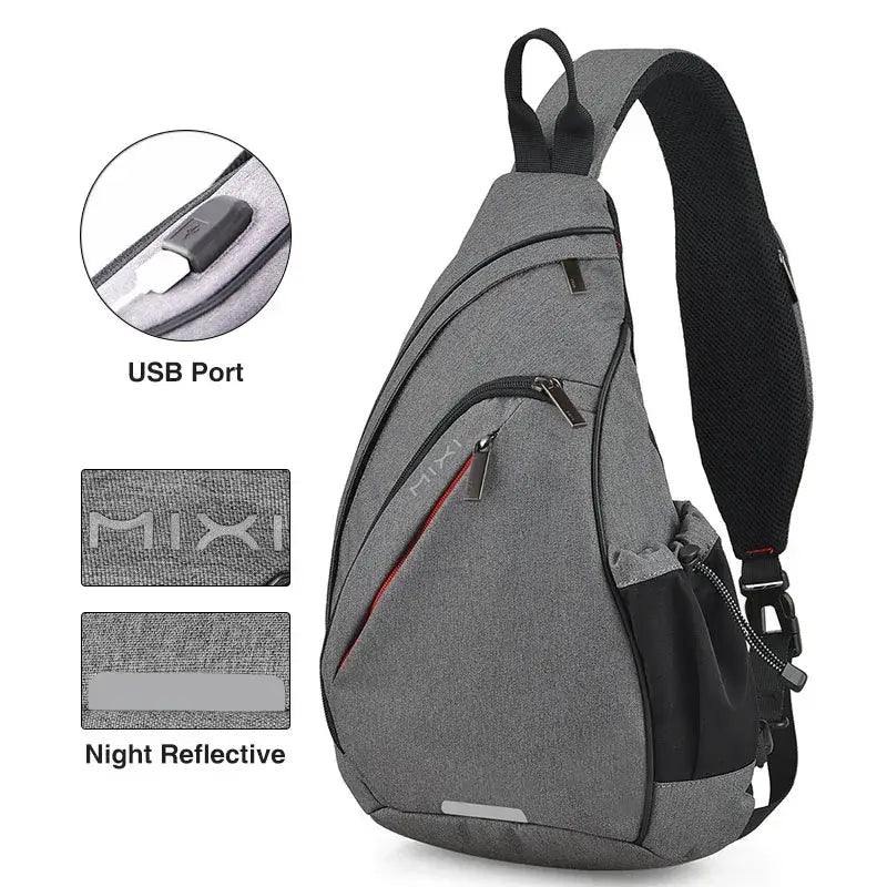 Gray and black mixi sling bag with usb port night reflective strip and red accent stitching for crossbody use