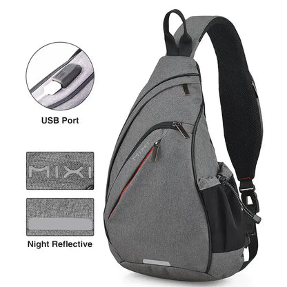 Gray and black mixi sling bag with usb port night reflective strip and red accent stitching for crossbody use