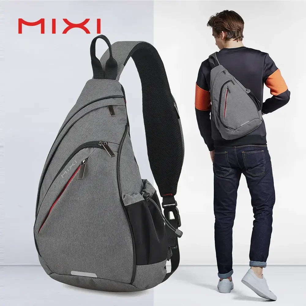 Naruto itachi sling bag in gray and black with red zipper accents usb crossbody backpack with mixi sling design