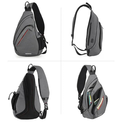 Gray and black naruto itachi sling bag with red zipper accents and usb port for convenient charging on the go