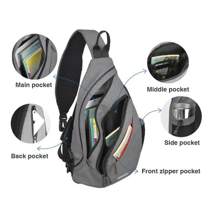 Gray textured naruto itachi sling bag with black mesh straps and multiple zippered compartments and usb port