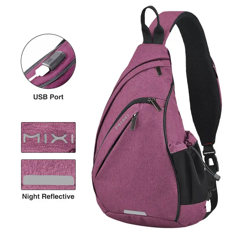 Purple Naruto Itachi sling bag with black accents, usb port, and night reflective strip for crossbody use