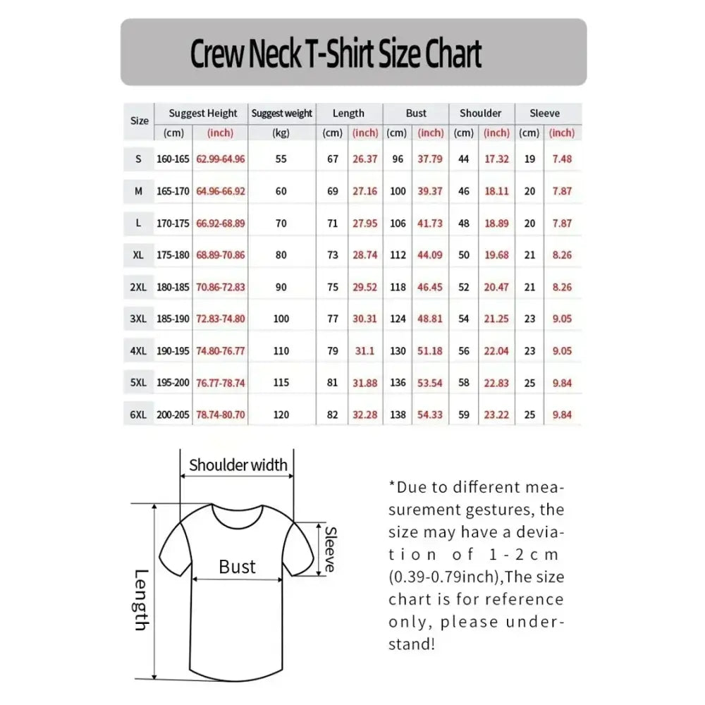 Crew neck Naruto Itachi Uchiha jersey t-shirt size chart with breathable 3D print measurements in cm and inches from S to 6XL