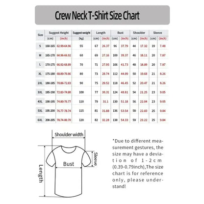 Crew neck Naruto Itachi Uchiha jersey t-shirt size chart with breathable 3D print measurements in cm and inches from S to 6XL