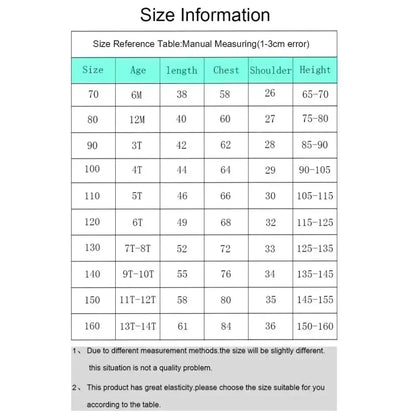 Size reference table showing measurements in centimeters for naruto itachi uchiha breathable 3d print jersey t-shirt sizes 70 to 160