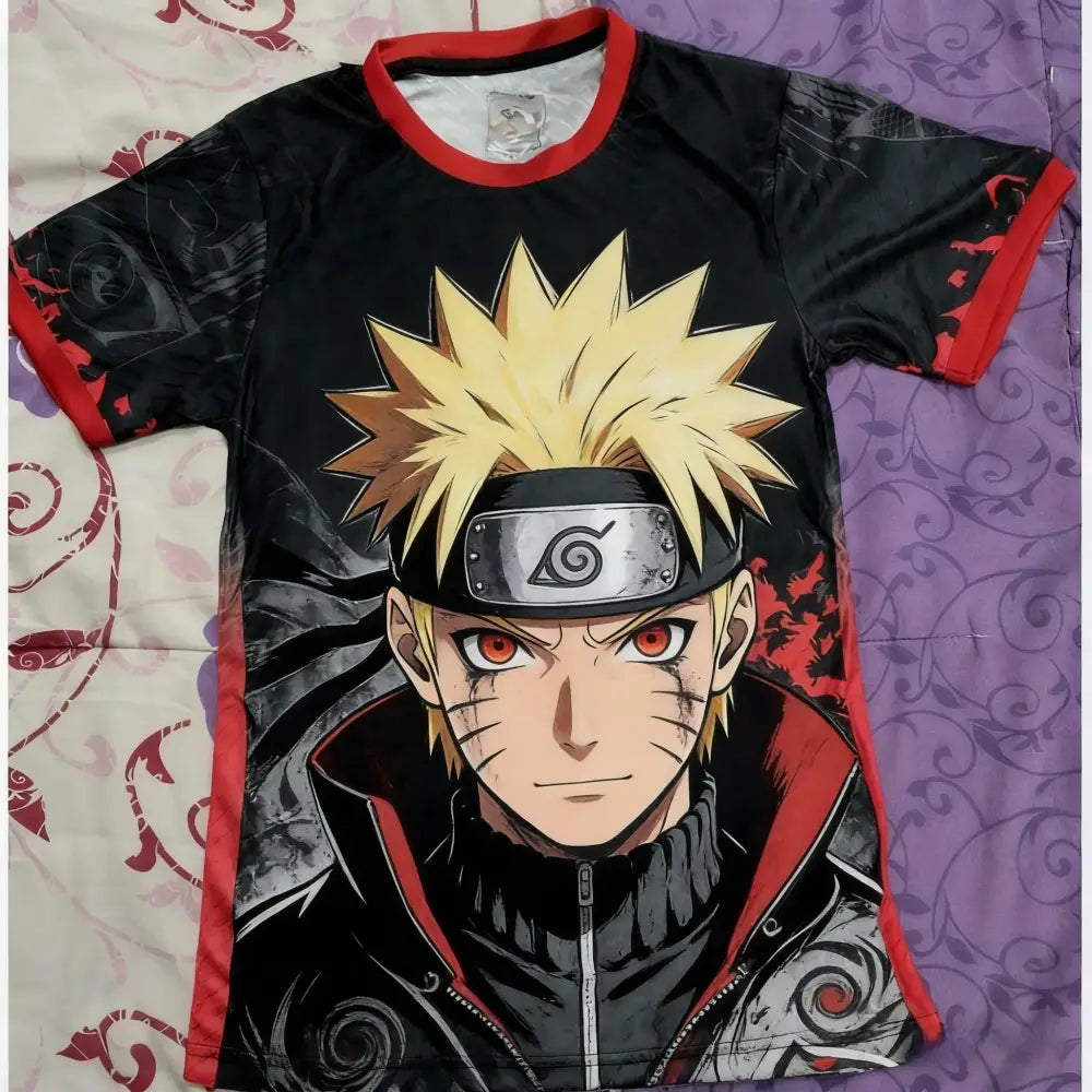 Black short-sleeved breathable t-shirt with red trim featuring a 3d print of naruto uzumaki with spiky blonde hair
