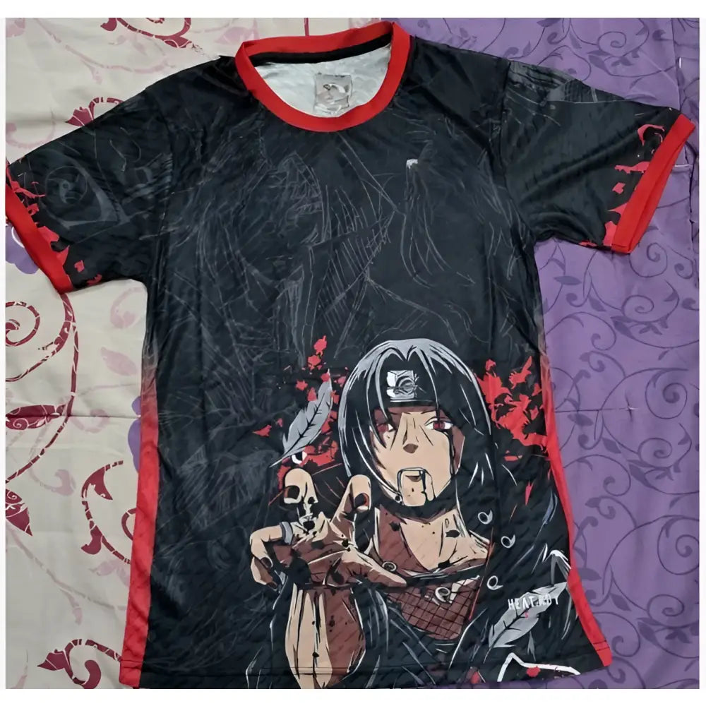 Black short-sleeved Naruto Itachi Uchiha jersey t-shirt with red trim and breathable 3D anime character print on front