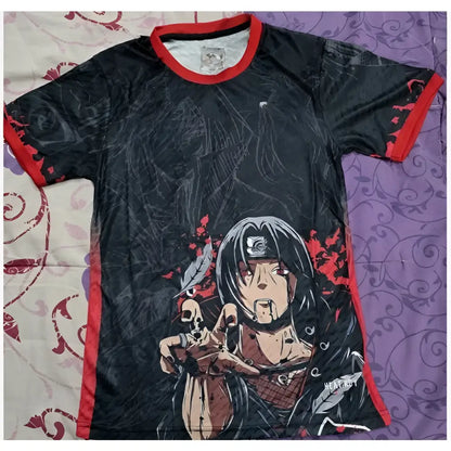 Black short-sleeved Naruto Itachi Uchiha jersey t-shirt with red trim and breathable 3D anime character print on front