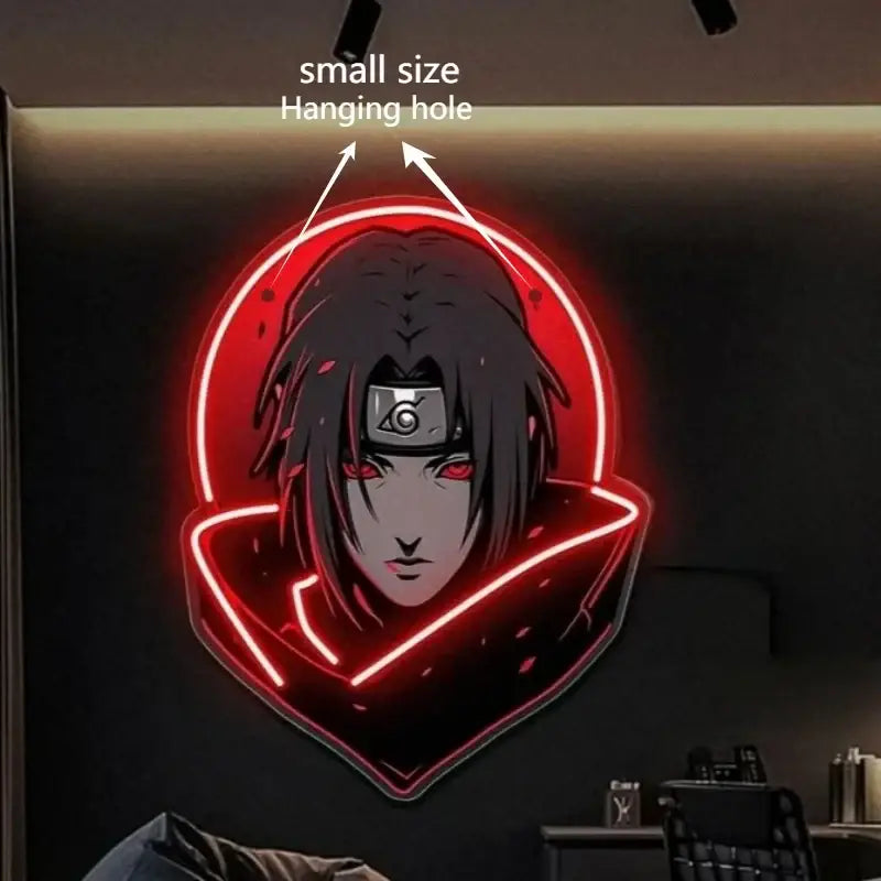 Red neon led sign of naruto itachi uchiha face with black hair red eyes and illuminated circular outline usb dimmable