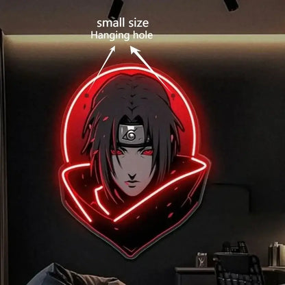 Red neon led sign of naruto itachi uchiha face with black hair red eyes and illuminated circular outline usb dimmable