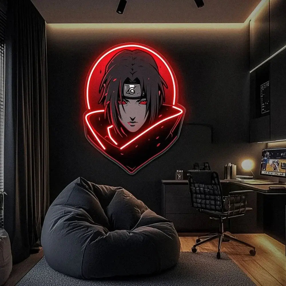 Red neon led sign of naruto itachi uchiha with dark hair red eyes and headband usb dimmable wall art