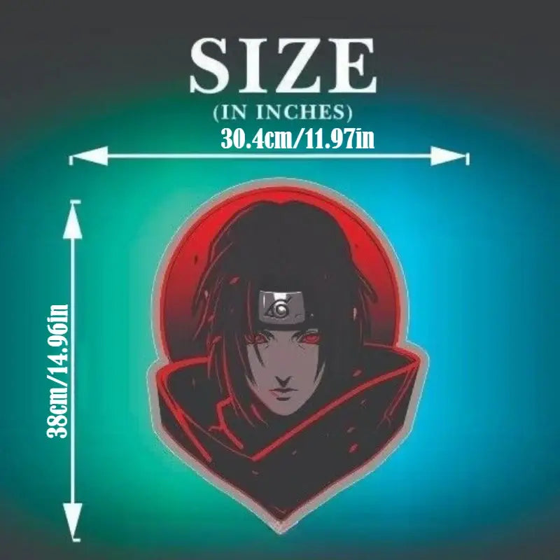 Red and black anime character pin of naruto itachi uchiha with glowing red eyes on circular background USB dimmable LED neon sign