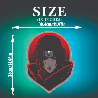 Red and black anime character pin of naruto itachi uchiha with glowing red eyes on circular background USB dimmable LED neon sign