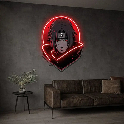Red neon led sign of naruto itachi uchiha with dark hair red eyes and illuminated circular halo usb dimmable wall art