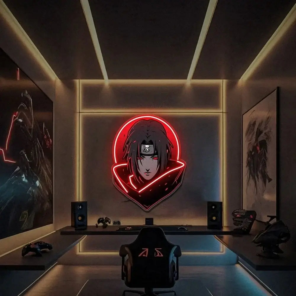 A glowing red led neon sign of naruto itachi uchiha with dark hair and headband on a circular background usb dimmable