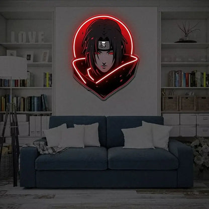 A glowing red led neon sign of naruto itachi uchiha featuring a stylized anime character in an illuminated circular frame