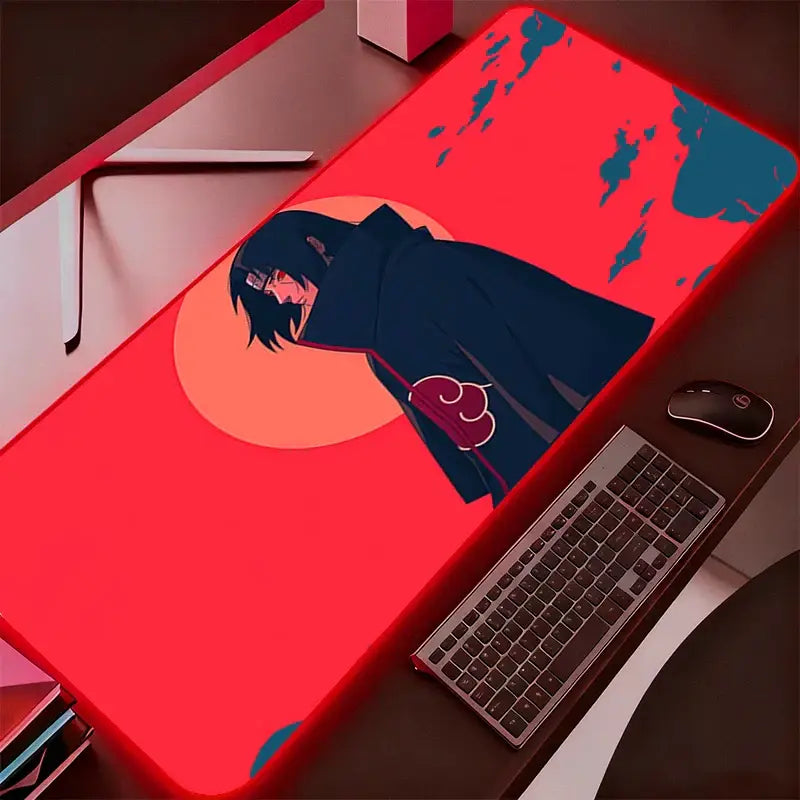 Red glowing rgb mouse pad featuring naruto itachi uchiha in dark blue robes with red cloud insignia and orange backdrop