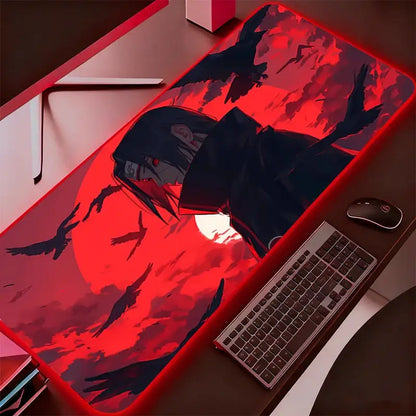 Red glowing rgb mouse pad featuring naruto itachi uchiha with black hair red eyes and fiery crimson sky background