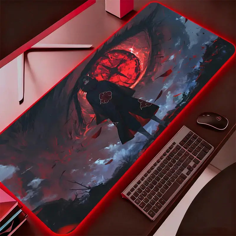 Red-framed rgb mouse pad featuring naruto itachi uchiha with a dark anime cloaked figure and fiery red eye design