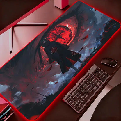 Red-framed rgb mouse pad featuring naruto itachi uchiha with a dark anime cloaked figure and fiery red eye design