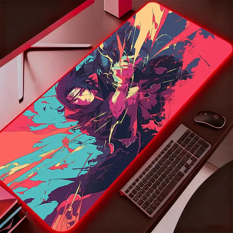 Vibrant red and teal naruto itachi uchiha rgb mouse pad with glowing led edges for gaming and desk use