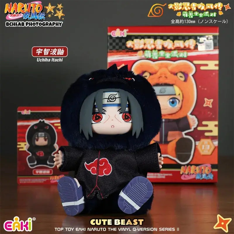 Black plush blind box of uchiha itachi from naruto wearing a hooded red cloud cloak and blue shoes by toptoy eaki