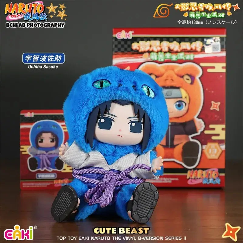Blue plush uchiha sasuke doll with green eyes and purple rope belt from naruto jiraiya plush blind box by toptoy eaki